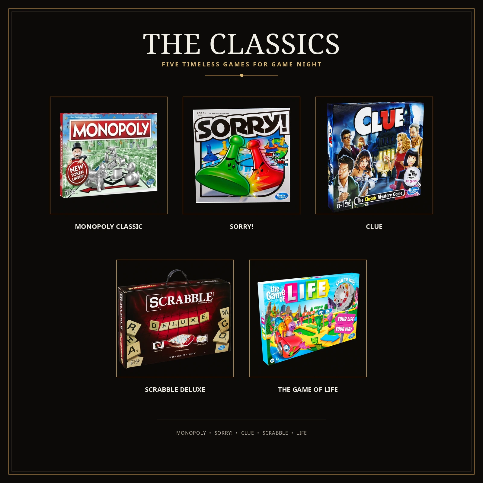 Monopoly, Sorry!, Clue, Scrabble Deluxe, and The Game of Life in The Classics collection