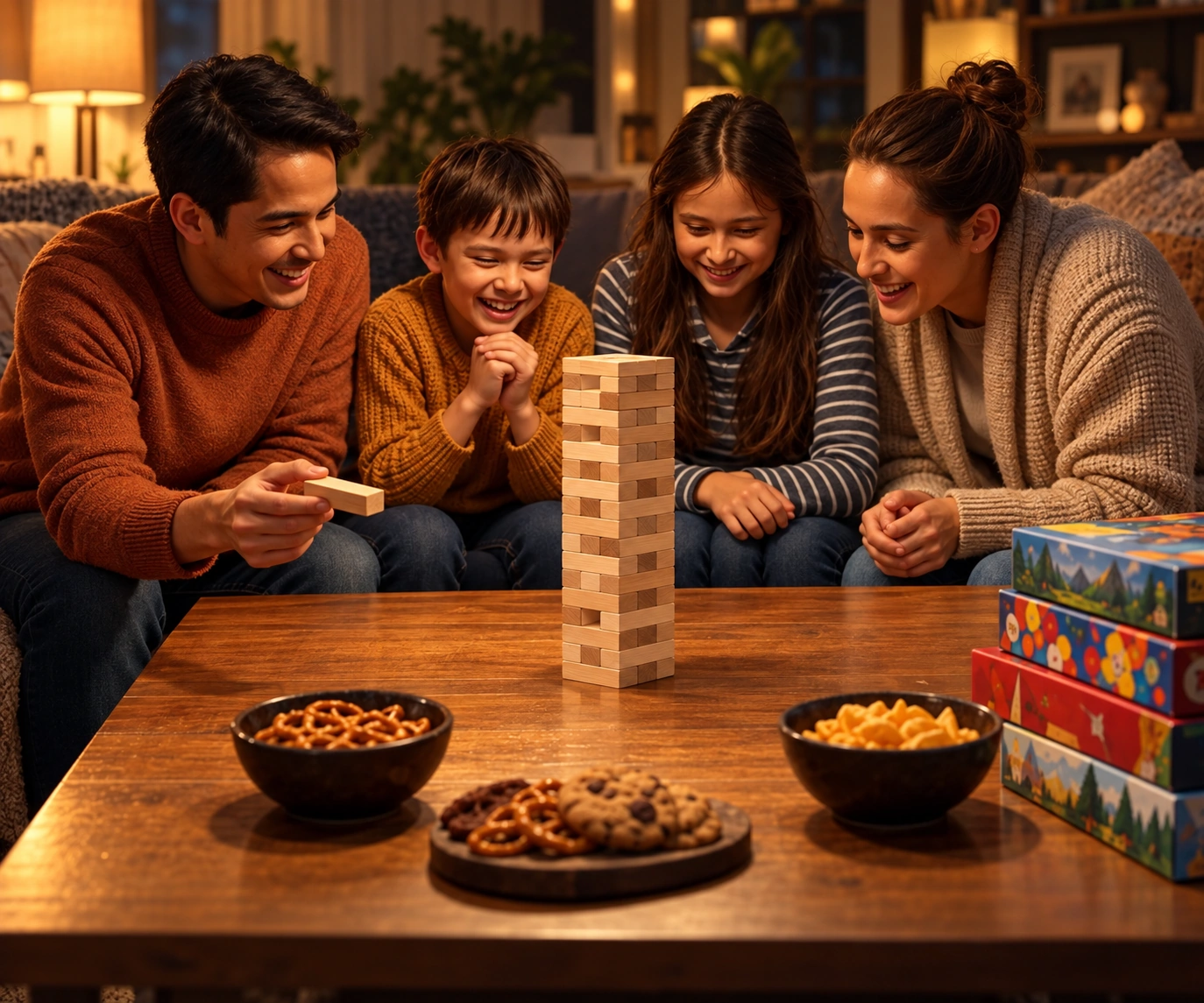 Familia disfrutando de un juego de torre de bloques, con juegos de mesa apilados cerca