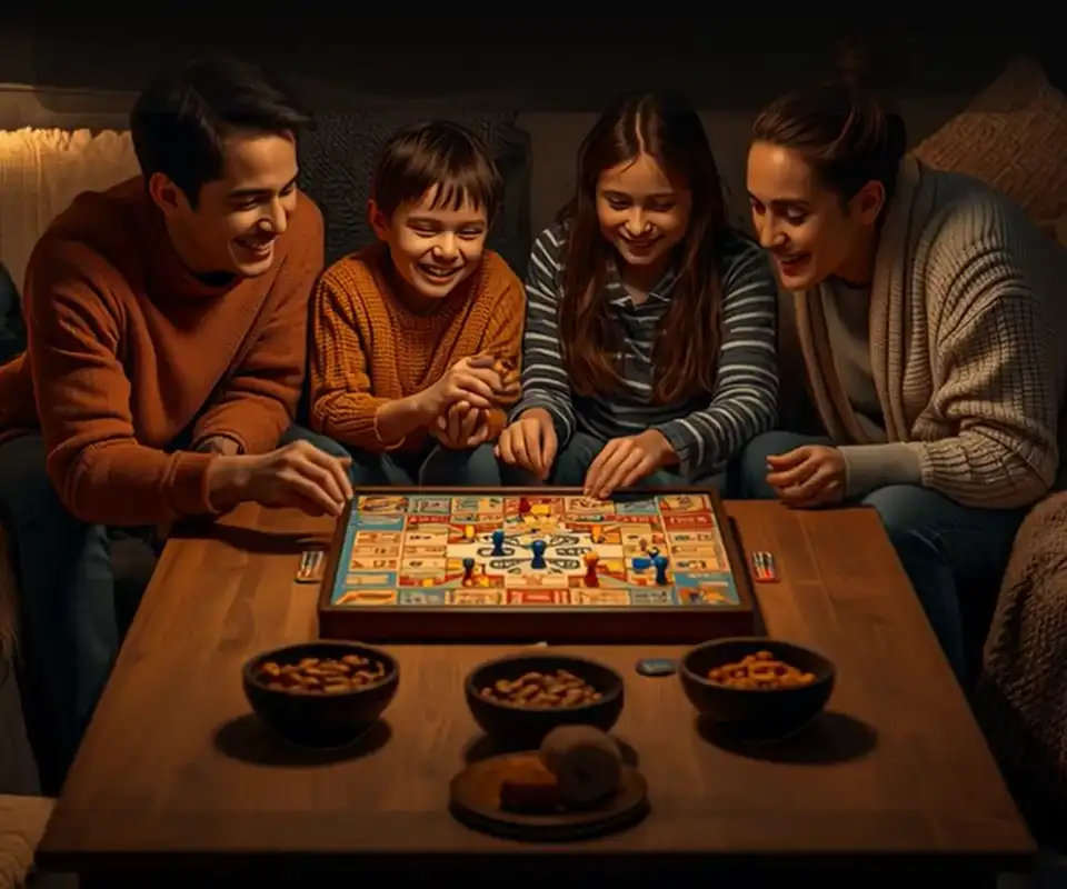 A family gathered around a board game at home, sharing a warm game night